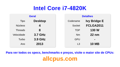 Intel Core i7-4820K Especificações e benchmarks da CPU