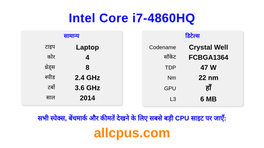 Intel Core i7-4860HQ CPU की स्पेसिफिकेशन और बेंचमार्क