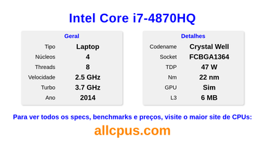 Intel Core i7-4870HQ Especificações e benchmarks da CPU