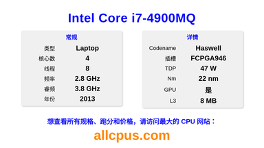 Intel Core i7-4900MQ CPU 规格和跑分