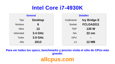 Intel Core i7-4930K Especificaciones y benchmarks de la CPU