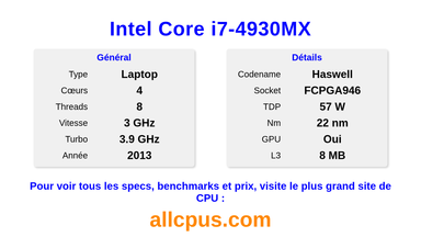 Intel Core i7-4930MX Spécifications et benchmarks du CPU