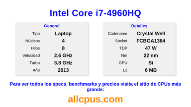 Intel Core i7-4960HQ Especificaciones y benchmarks de la CPU