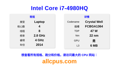 Intel Core i7-4980HQ CPU 规格和跑分