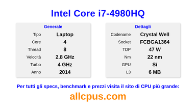 Intel Core i7-4980HQ Specifiche e benchmark della CPU