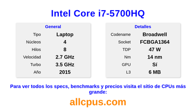 Intel Core i7-5700HQ Especificaciones y benchmarks de la CPU