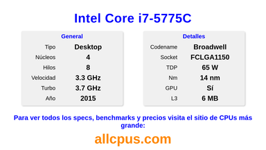 Intel Core i7-5775C Especificaciones y benchmarks de la CPU