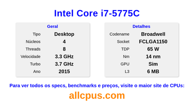 Intel Core i7-5775C Especificações e benchmarks da CPU