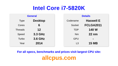 Intel Core i7-5820K CPU Specifications and Benchmark