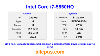 Intel Core i7-5850HQ Характеристики и бенчмарки CPU