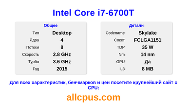 Intel Core i7-6700T Характеристики и бенчмарки CPU