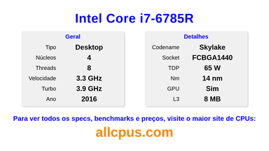 Intel Core i7-6785R Especificações e benchmarks da CPU