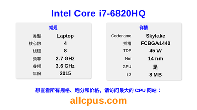 Intel Core i7-6820HQ CPU 规格和跑分