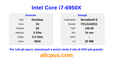 Intel Core i7-6950X Specifiche e benchmark della CPU