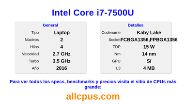 Intel Core i7-7500U Especificaciones y benchmarks de la CPU
