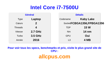 Intel Core i7-7500U Spécifications et benchmarks du CPU