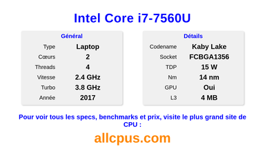 Intel Core i7-7560U Spécifications et benchmarks du CPU