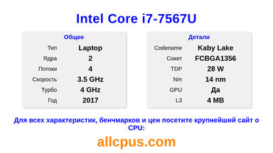 Intel Core i7-7567U Характеристики и бенчмарки CPU
