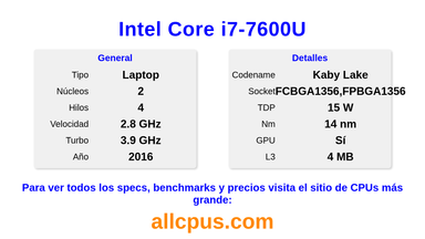 Intel Core i7-7600U Especificaciones y benchmarks de la CPU