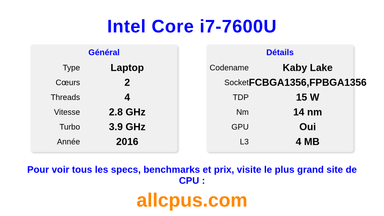 Intel Core i7-7600U Spécifications et benchmarks du CPU