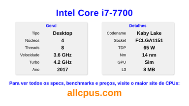 Intel Core i7-7700 Especificações e benchmarks da CPU