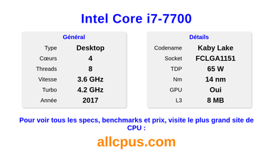 Intel Core i7-7700 Spécifications et benchmarks du CPU