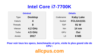 Intel Core i7-7700K Spécifications et benchmarks du CPU