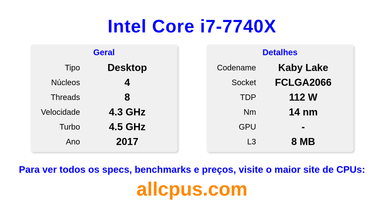 Intel Core i7-7740X Especificações e benchmarks da CPU