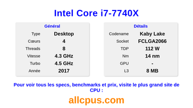 Intel Core i7-7740X Spécifications et benchmarks du CPU