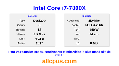 Intel Core i7-7800X Spécifications et benchmarks du CPU
