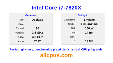 Intel Core i7-7820X Specifiche e benchmark della CPU