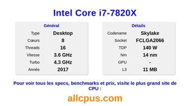 Intel Core i7-7820X Spécifications et benchmarks du CPU