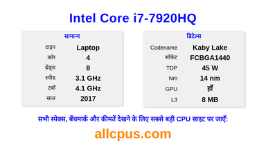 Intel Core i7-7920HQ CPU की स्पेसिफिकेशन और बेंचमार्क