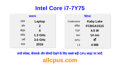 Intel Core i7-7Y75 CPU की स्पेसिफिकेशन और बेंचमार्क