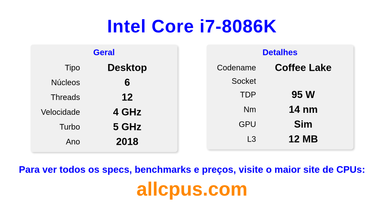 Intel Core i7-8086K Especificações e benchmarks da CPU