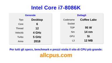 Intel Core i7-8086K Specifiche e benchmark della CPU