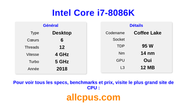 Intel Core i7-8086K Spécifications et benchmarks du CPU
