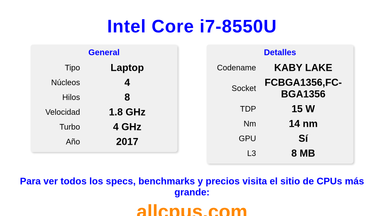 Intel Core i7-8550U Especificaciones y benchmarks de la CPU