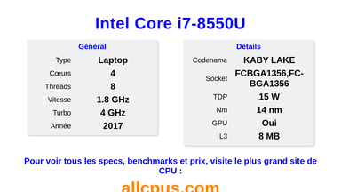 Intel Core i7-8550U Spécifications et benchmarks du CPU