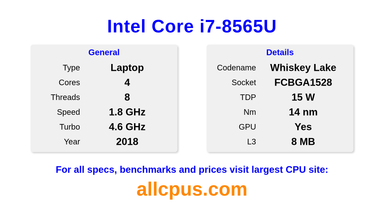 Intel Core i7-8565U CPU Specifications and Benchmark