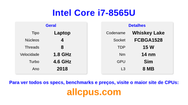 Intel Core i7-8565U Especificações e benchmarks da CPU