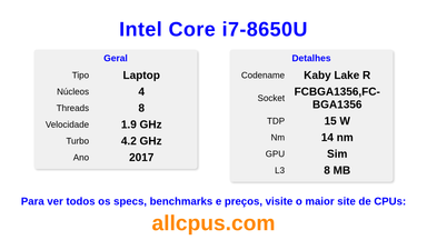 Intel Core i7-8650U Especificações e benchmarks da CPU