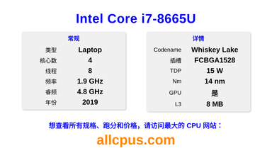 Intel Core i7-8665U CPU 规格和跑分