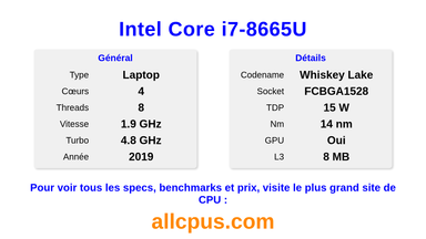 Intel Core i7-8665U Spécifications et benchmarks du CPU