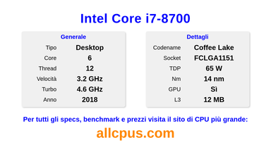 Intel Core i7-8700 Specifiche e benchmark della CPU