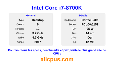 Intel Core i7-8700K Spécifications et benchmarks du CPU