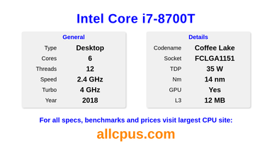 Intel Core i7-8700T CPU Specifications and Benchmark