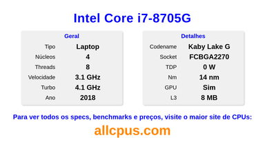 Intel Core i7-8705G Especificações e benchmarks da CPU