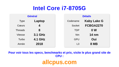 Intel Core i7-8705G Spécifications et benchmarks du CPU