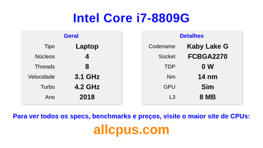 Intel Core i7-8809G Especificações e benchmarks da CPU